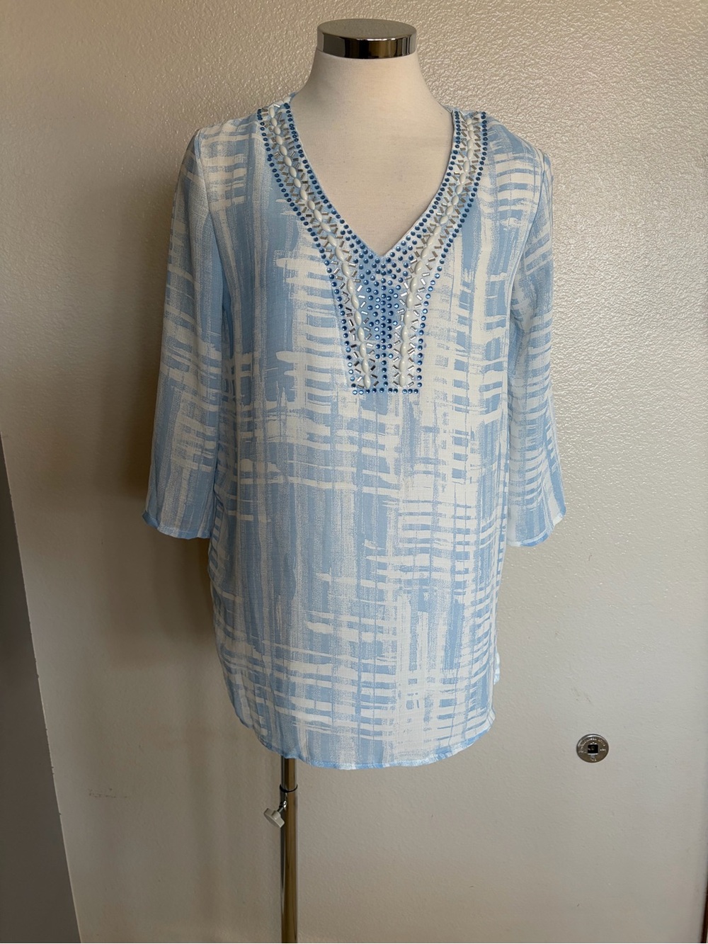 Light Blue and White Embellished V-Neck Blouse